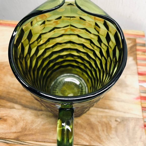 1960s Indiana Whitehall Glass Avocado Green Cubist Pattern Pitcher - Picture 4 of 9